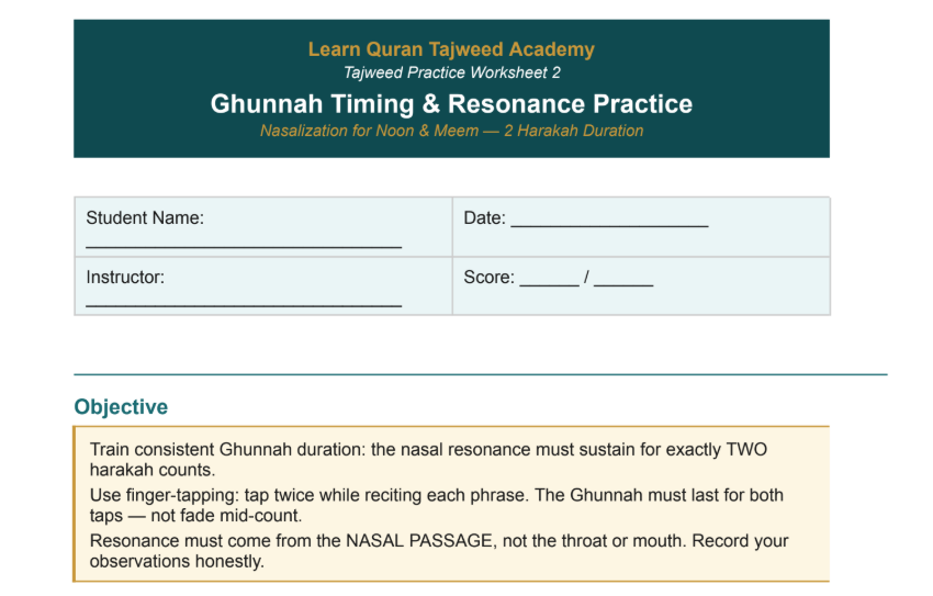 Worksheet 2: Ghunnah Timing and Resonance Practice Drill